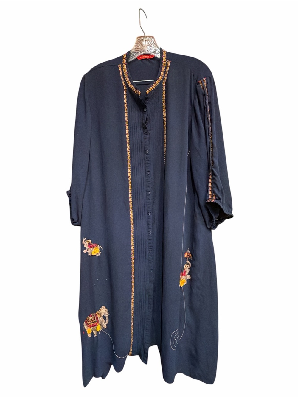 Indian style Embroidered Navy Long-Sleeve Maxi Dress with Gold Trim